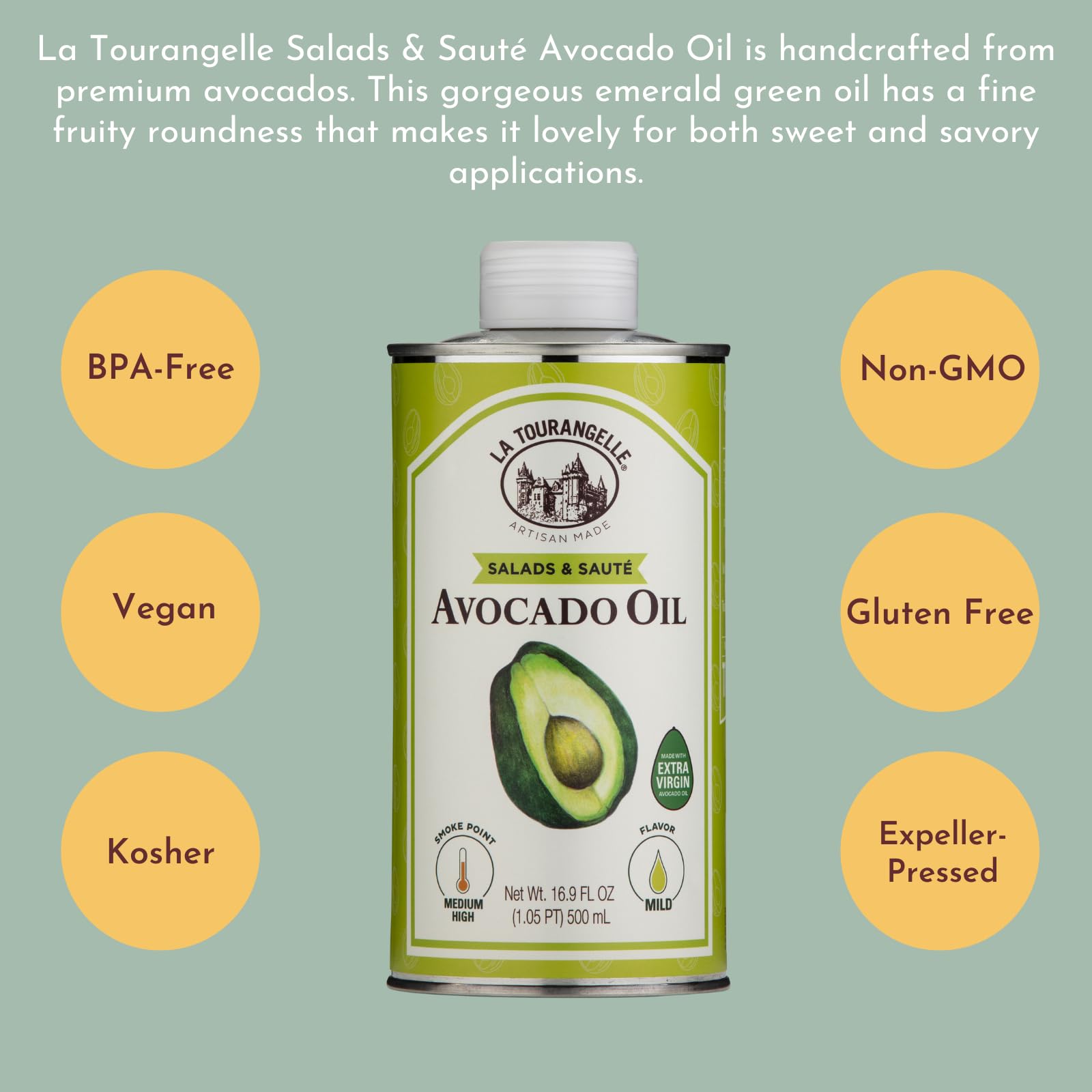 La Tourangelle Avocado Oil in a salad bowl with greens.