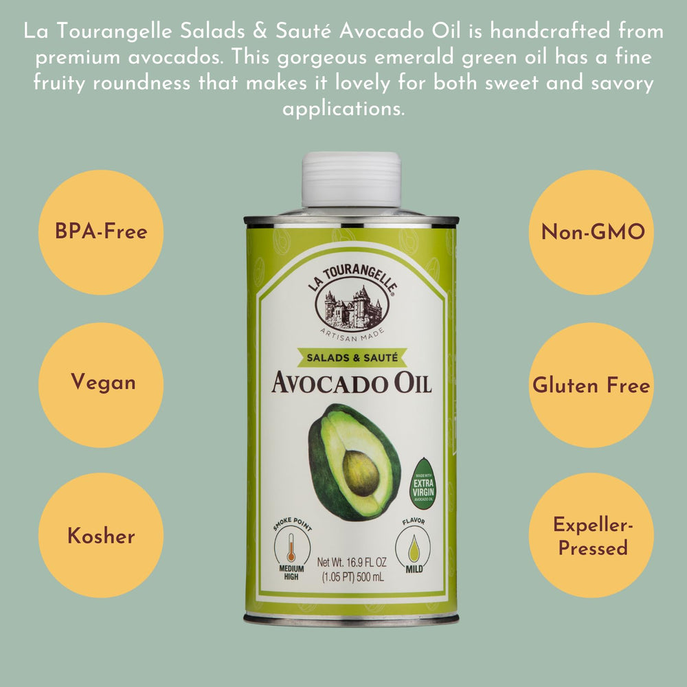 La Tourangelle Avocado Oil in a salad bowl with greens.
