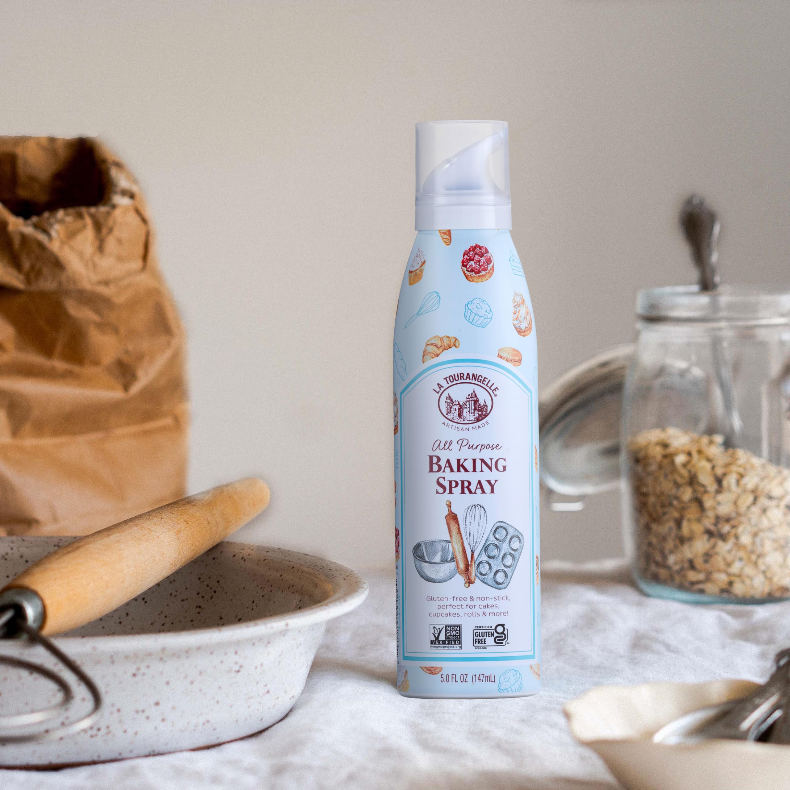 La Tourangelle baking spray in a bright kitchen ready for baking and roasting.