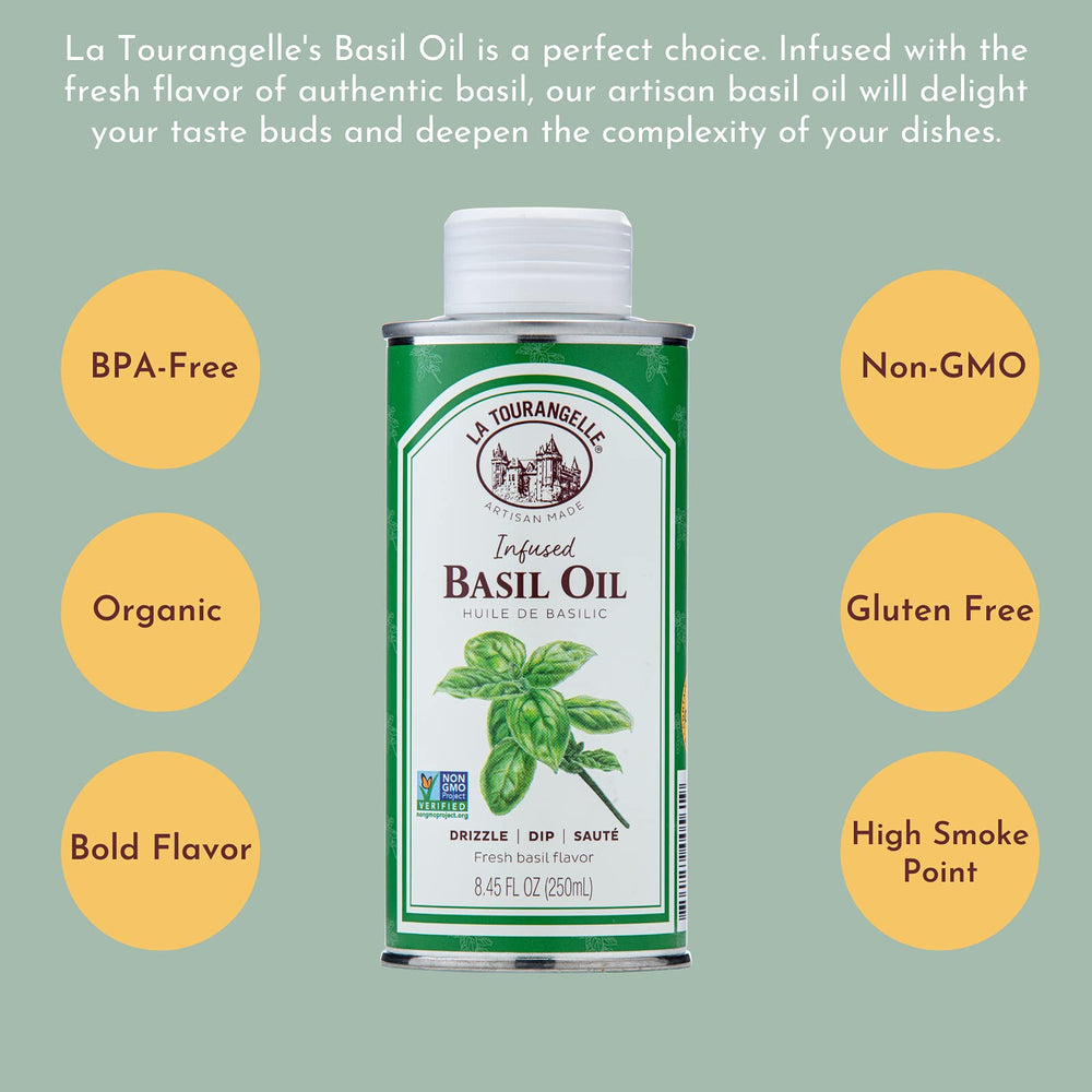 La Tourangelle Basil Oil in a skillet near vegetables for finishing touches.