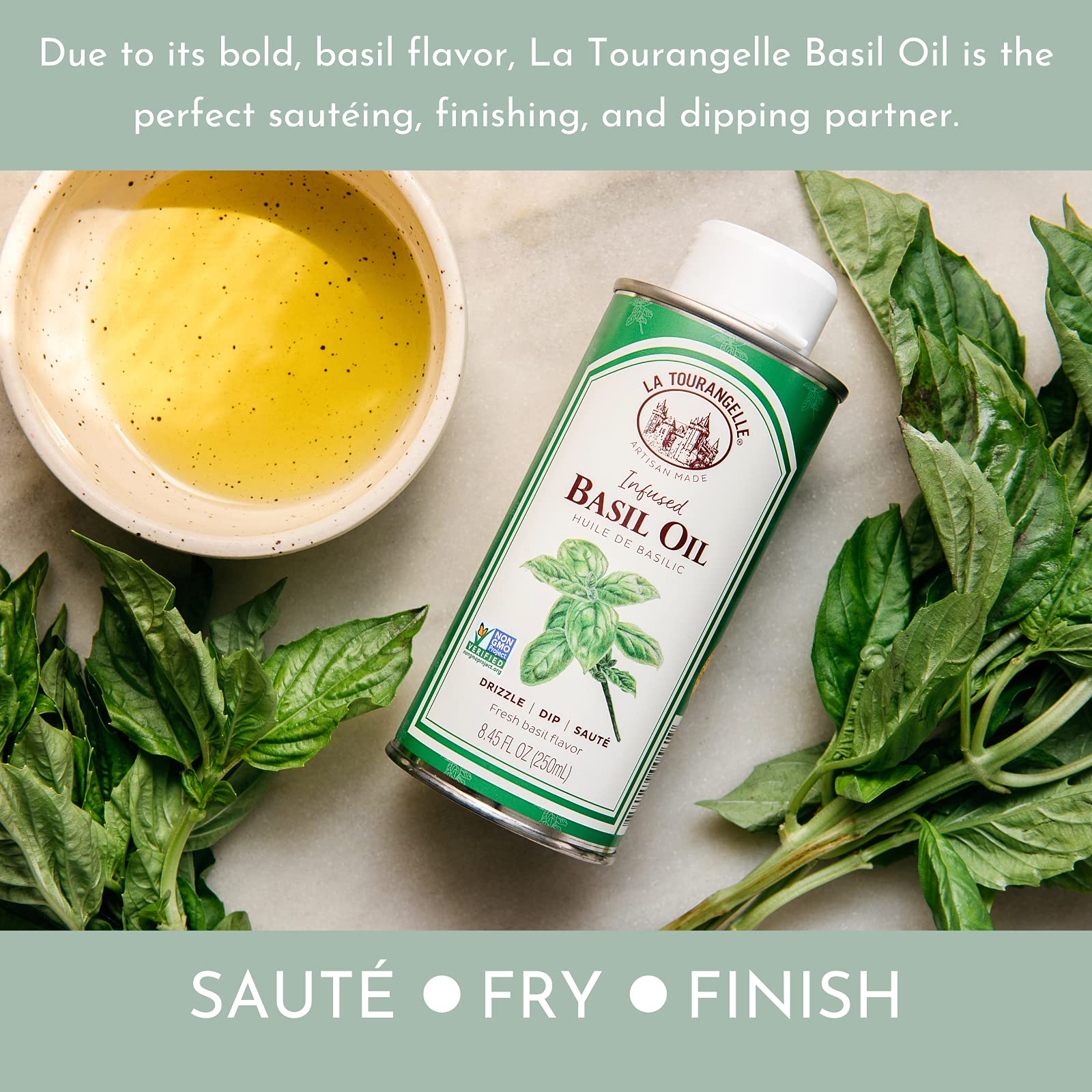 La Tourangelle Basil Oil drizzle over salad plate for versatile dressings.