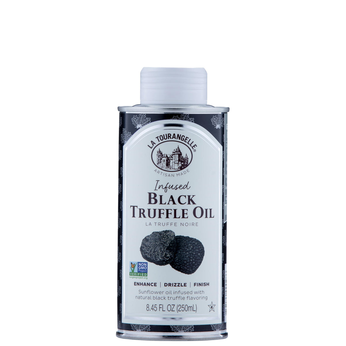 La Tourangelle Black Truffle Oil bottle pouring over pasta for rich aroma.