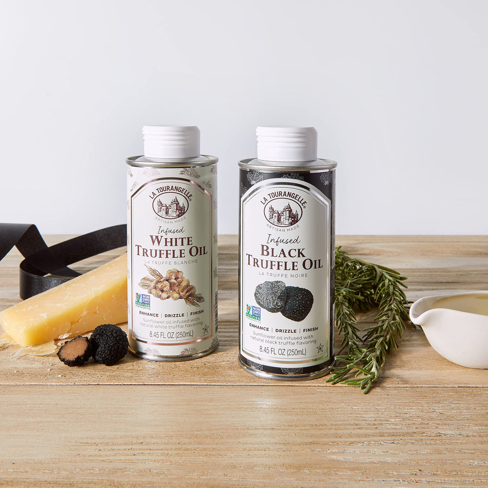 La Tourangelle Black Truffle Oil bottle beside pantry signals premium finishing touch.