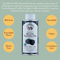 La Tourangelle Black Truffle Oil bottle on a kitchen counter ready to finish meals.