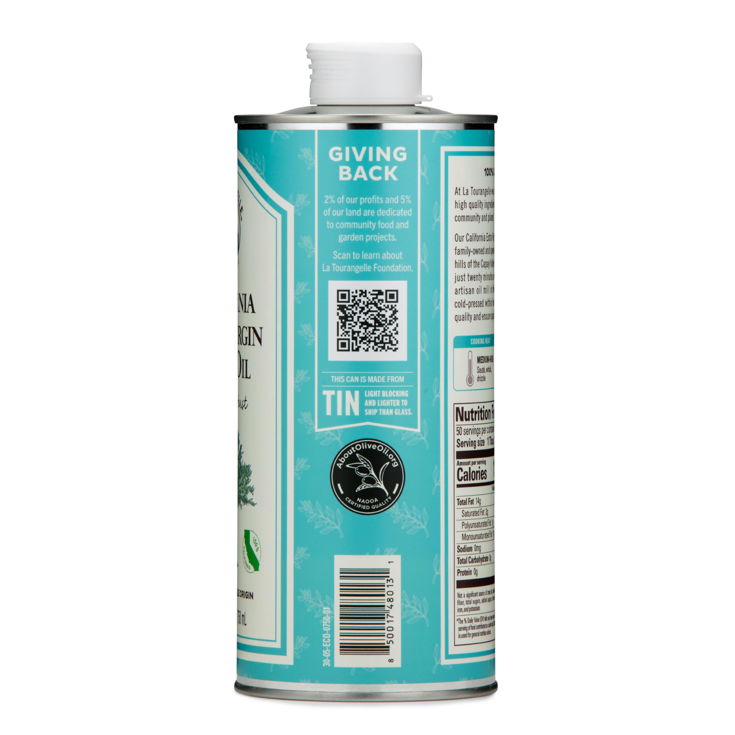La Tourangelle California Olive Oil label closeup highlights premium ingredients for authentic flavor.