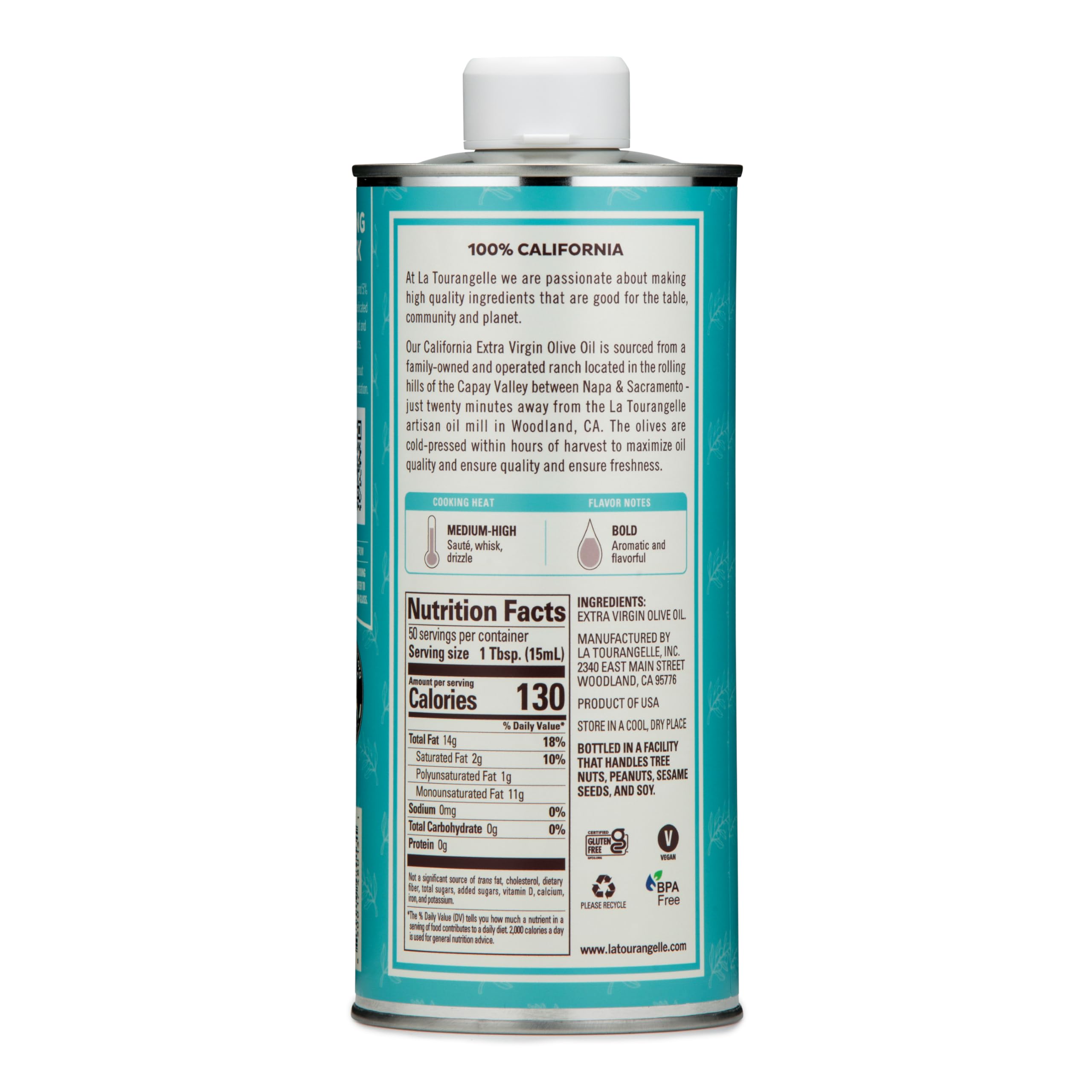La Tourangelle California Olive Oil pour demonstrates versatile use in cooking and finishing dishes.