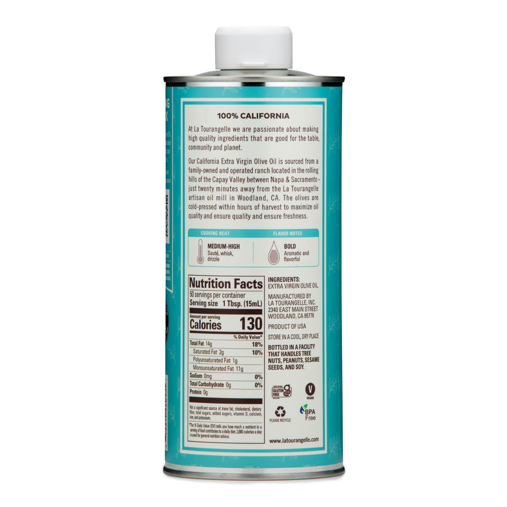 La Tourangelle California Olive Oil pour demonstrates versatile use in cooking and finishing dishes.
