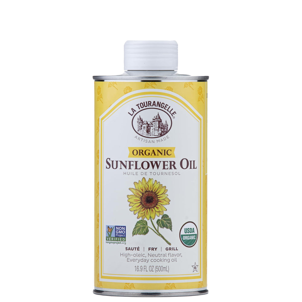 La Tourangelle High Oleic Sunflower Oil bottle pouring for high-heat cooking.