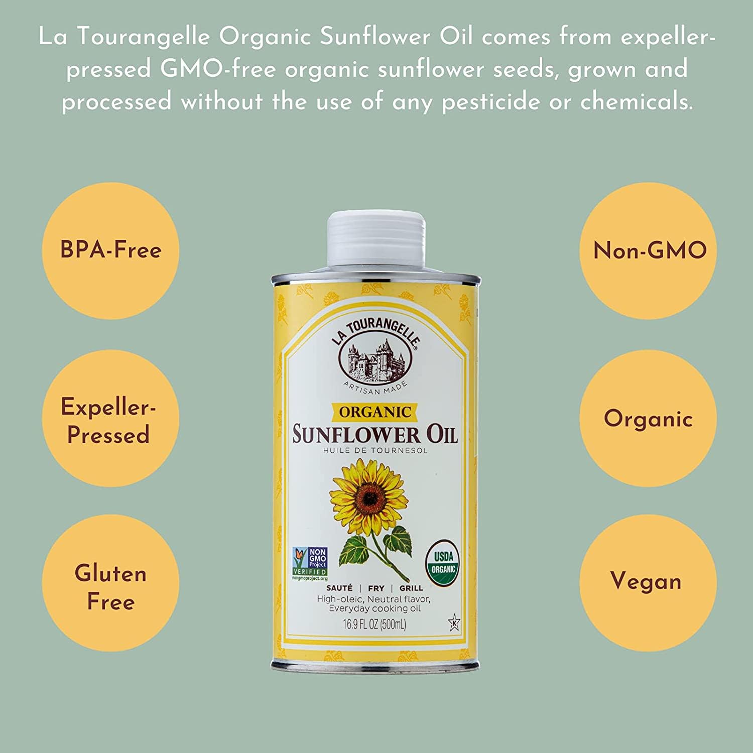 La Tourangelle High Oleic Sunflower Oil in a pan with sautéed vegetables.