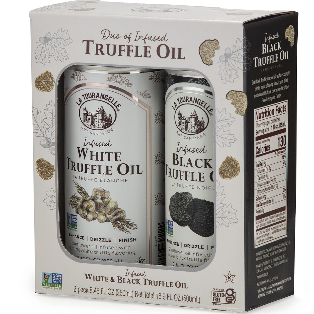 Close-up of Italian Alba truffle notes in La Tourangelle White Truffle Oil.