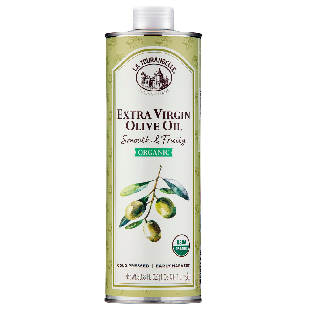 La Tourangelle EVOO bottle pouring, showcasing smooth, fruity flavor for cooking.