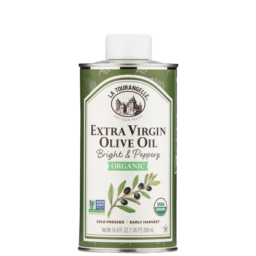 La Tourangelle Organic EVOO bottle-pour shows ideal drizzle for cooking