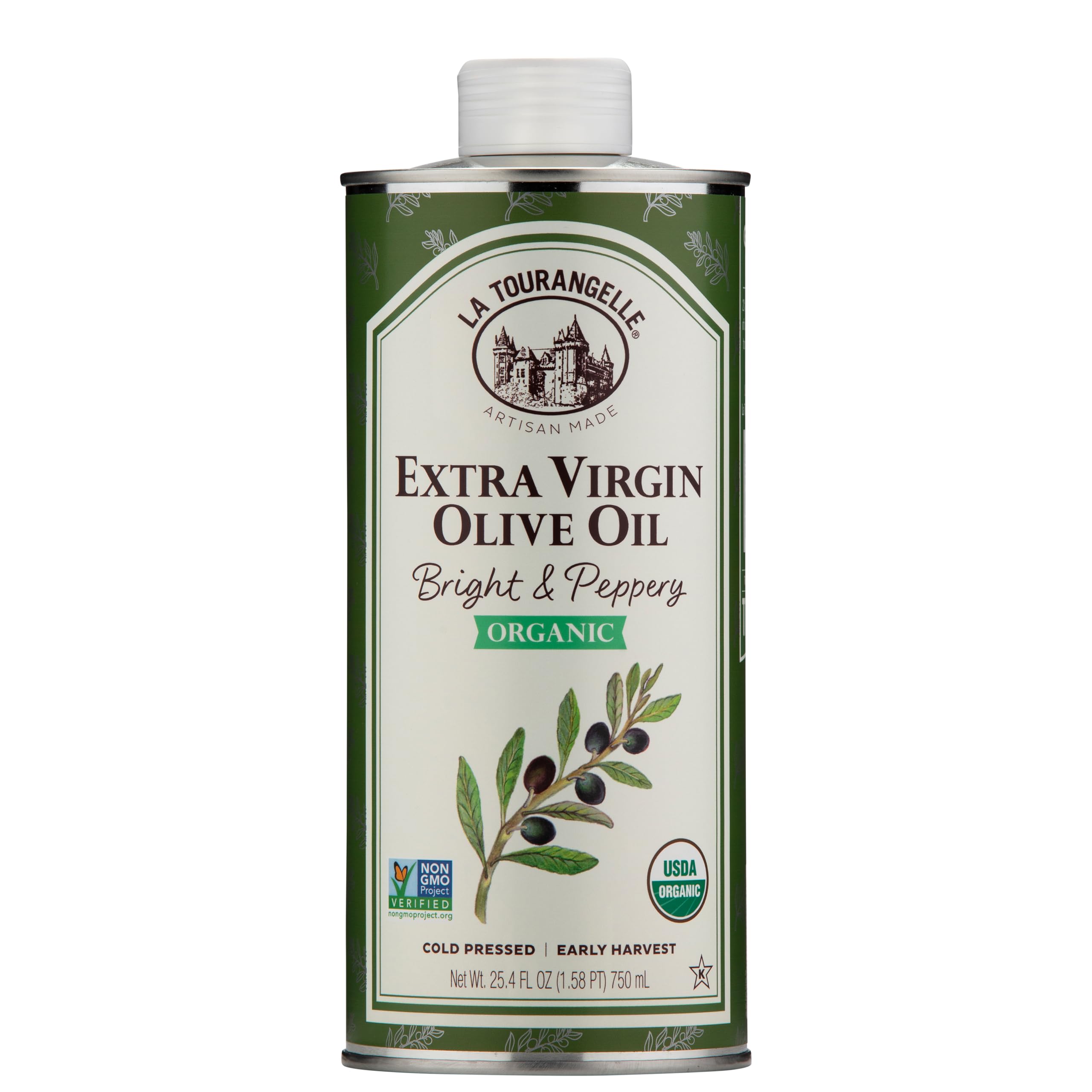 La Tourangelle Olive Oil Xvrgn Organic bottle on a kitchen counter for finishing.
