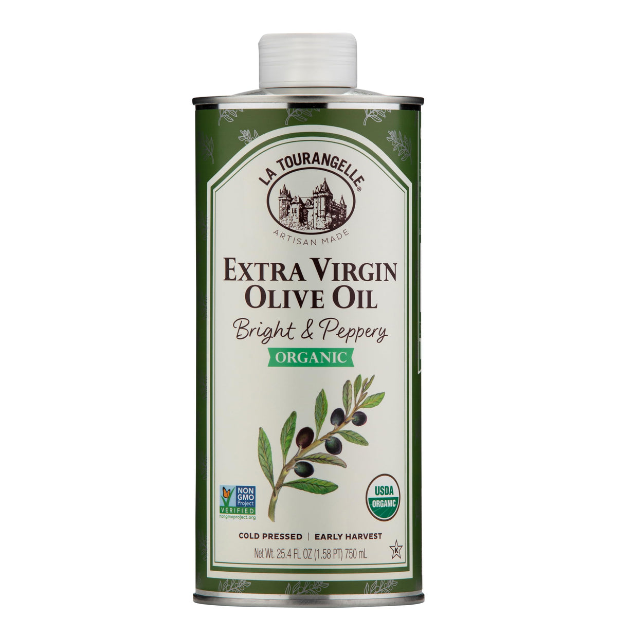 La Tourangelle Olive Oil Xvrgn Organic bottle on a kitchen counter for finishing.