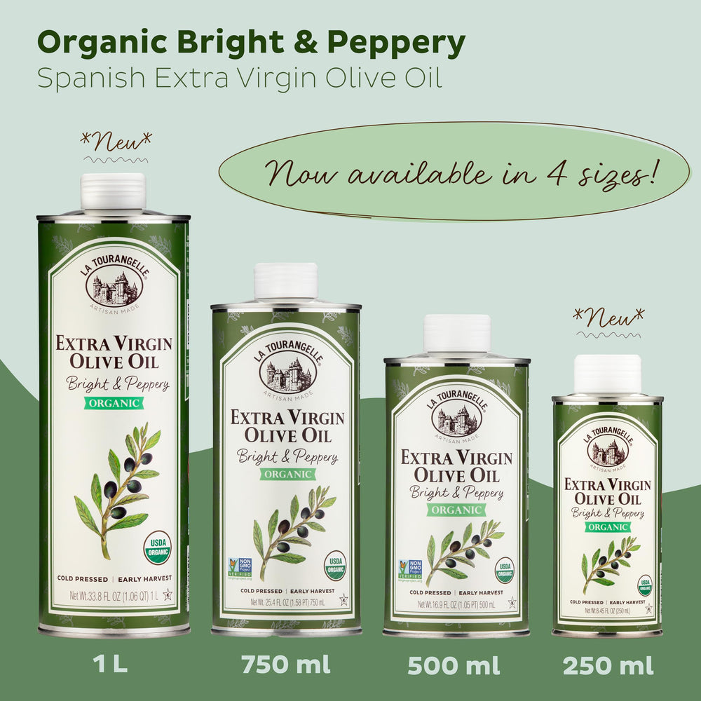 La Tourangelle Olive Oil Xvrgn Organic bottle with fresh herbs.