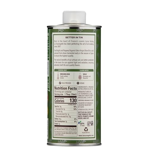 Close-up of La Tourangelle Xvrgn Organic olive oil label with premium ingredients.