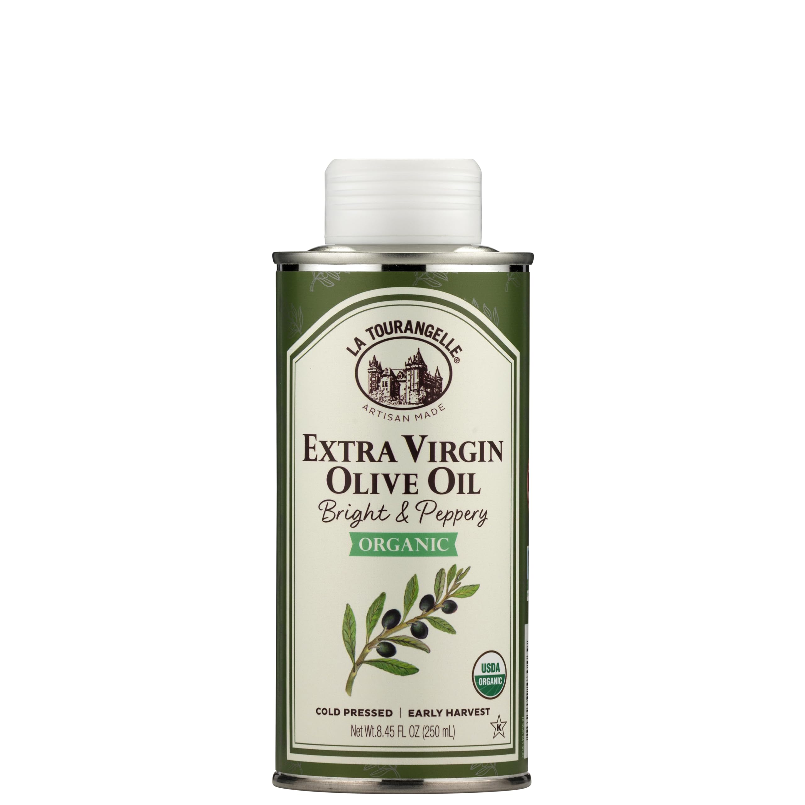 La Tourangelle Organic Olive Oil bottle close-up, highlighting premium quality for cooking.