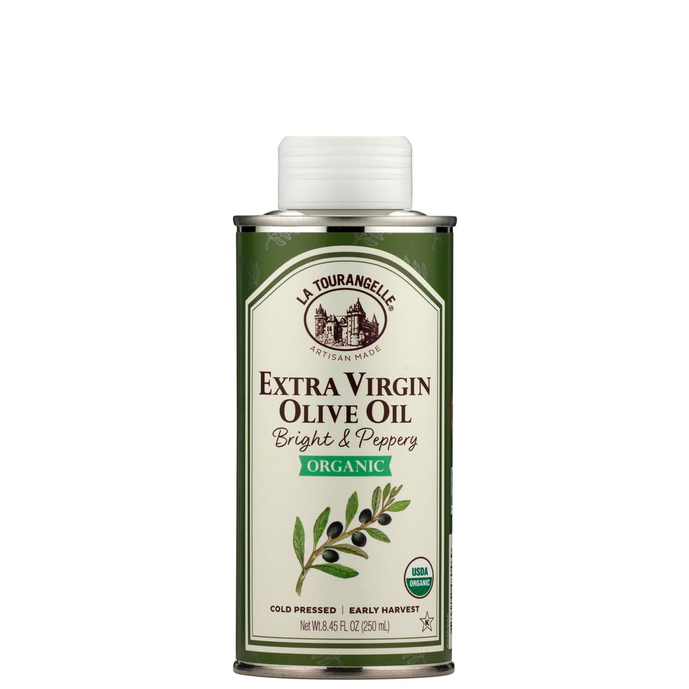 La Tourangelle Organic Olive Oil bottle close-up, highlighting premium quality for cooking.