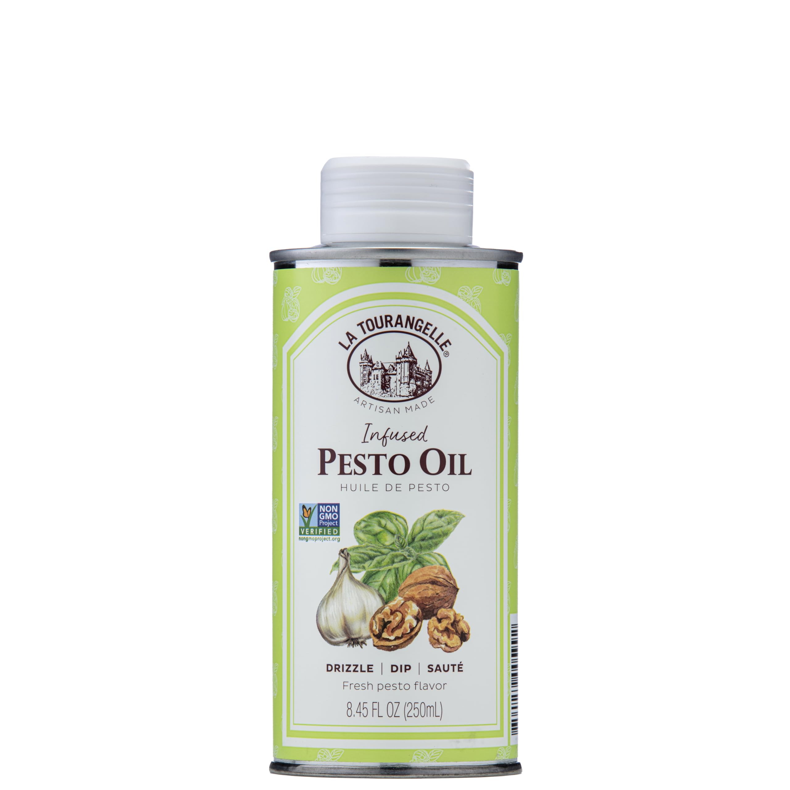 La Tourangelle Pesto Oil bottle shows walnut-basil aroma ideal for pasta and salads.