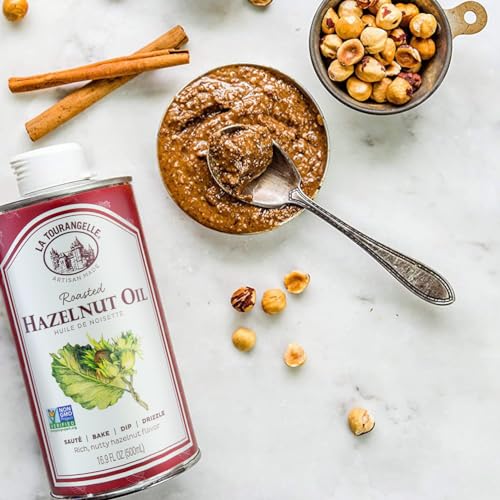 La Tourangelle Roasted Hazelnut Oil dressing beside a vibrant vinaigrette