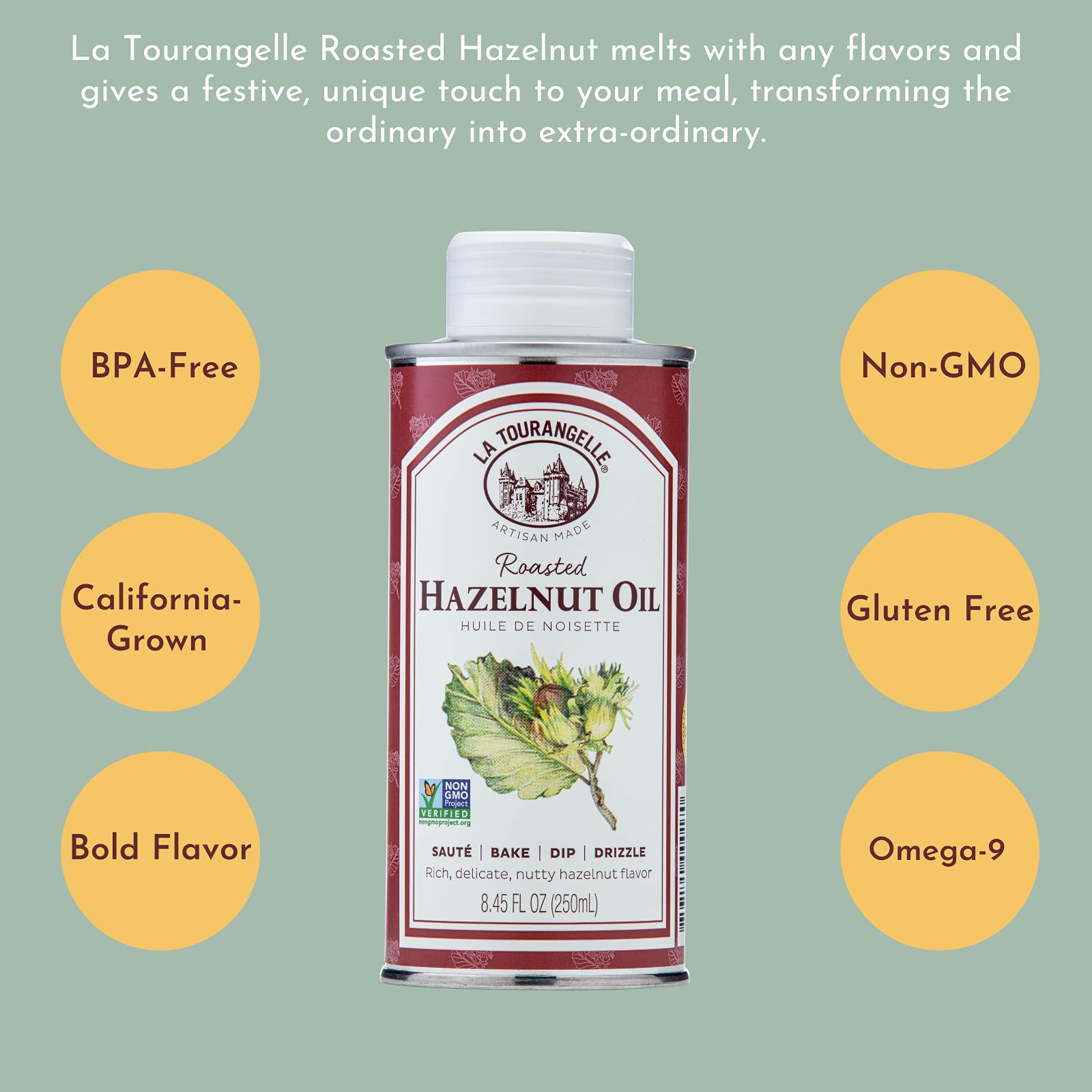 Label detail on La Tourangelle Roasted Hazelnut Oil emphasizes quality and origin