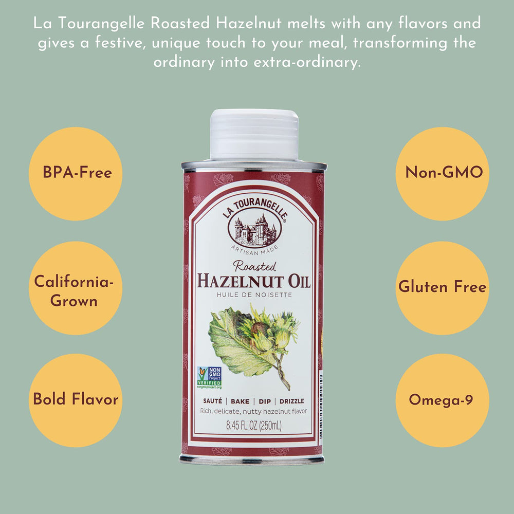 Label detail on La Tourangelle Roasted Hazelnut Oil emphasizes quality and origin