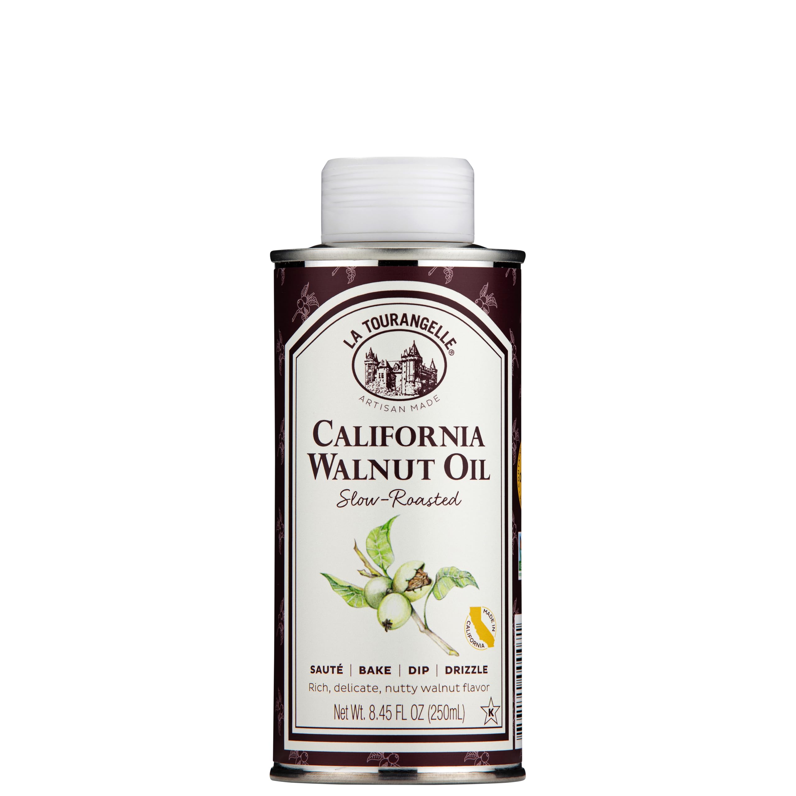 La Tourangelle roasted walnut oil bottle on counter adds nutty depth to meals.