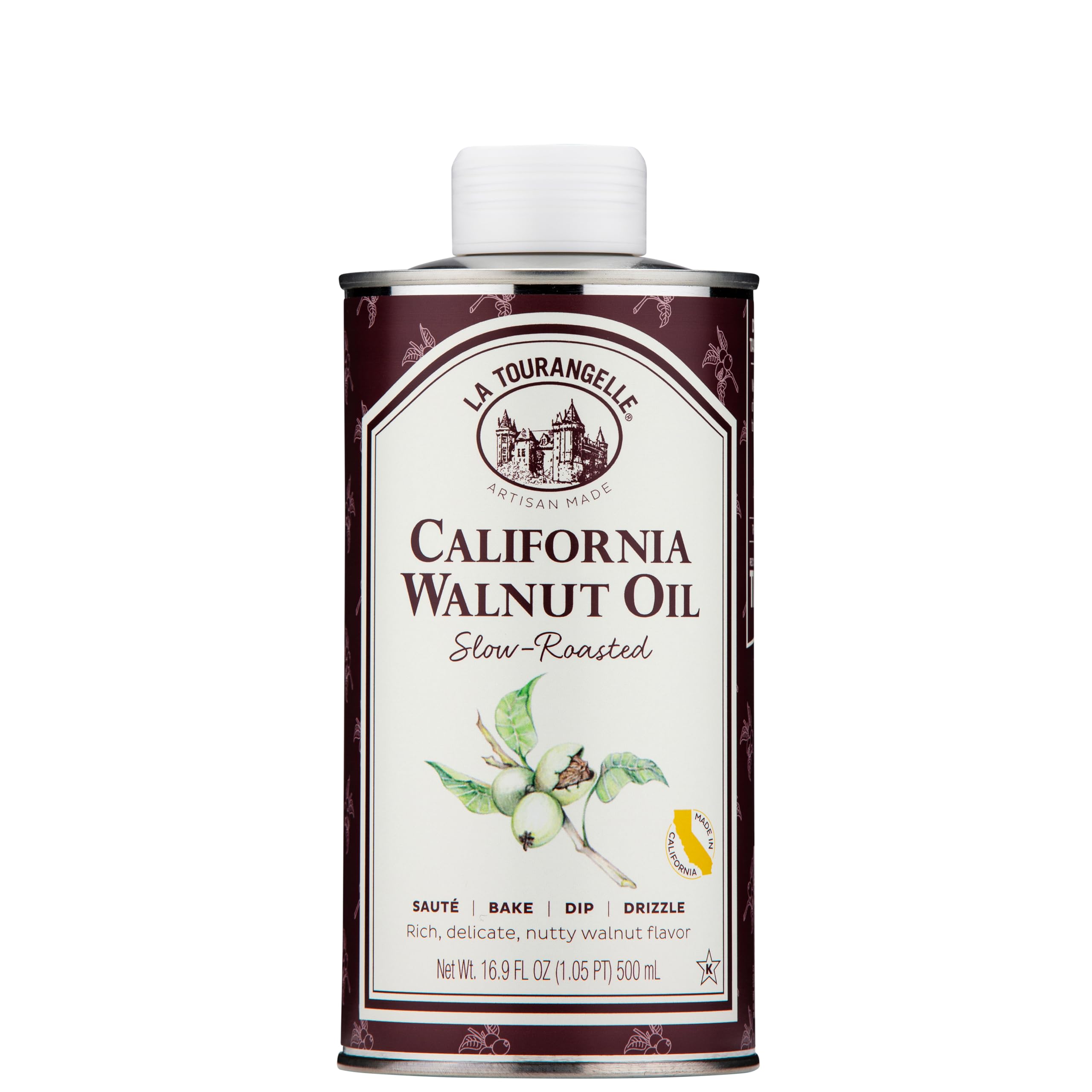 La Tourangelle roasted walnut oil bottle highlights delicate aroma ideal for dressings.