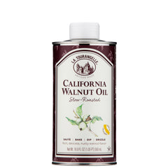 La Tourangelle roasted walnut oil bottle highlights delicate aroma ideal for dressings.