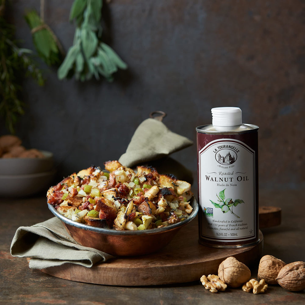La Tourangelle roasted walnut oil drizzle highlights finish and aroma.