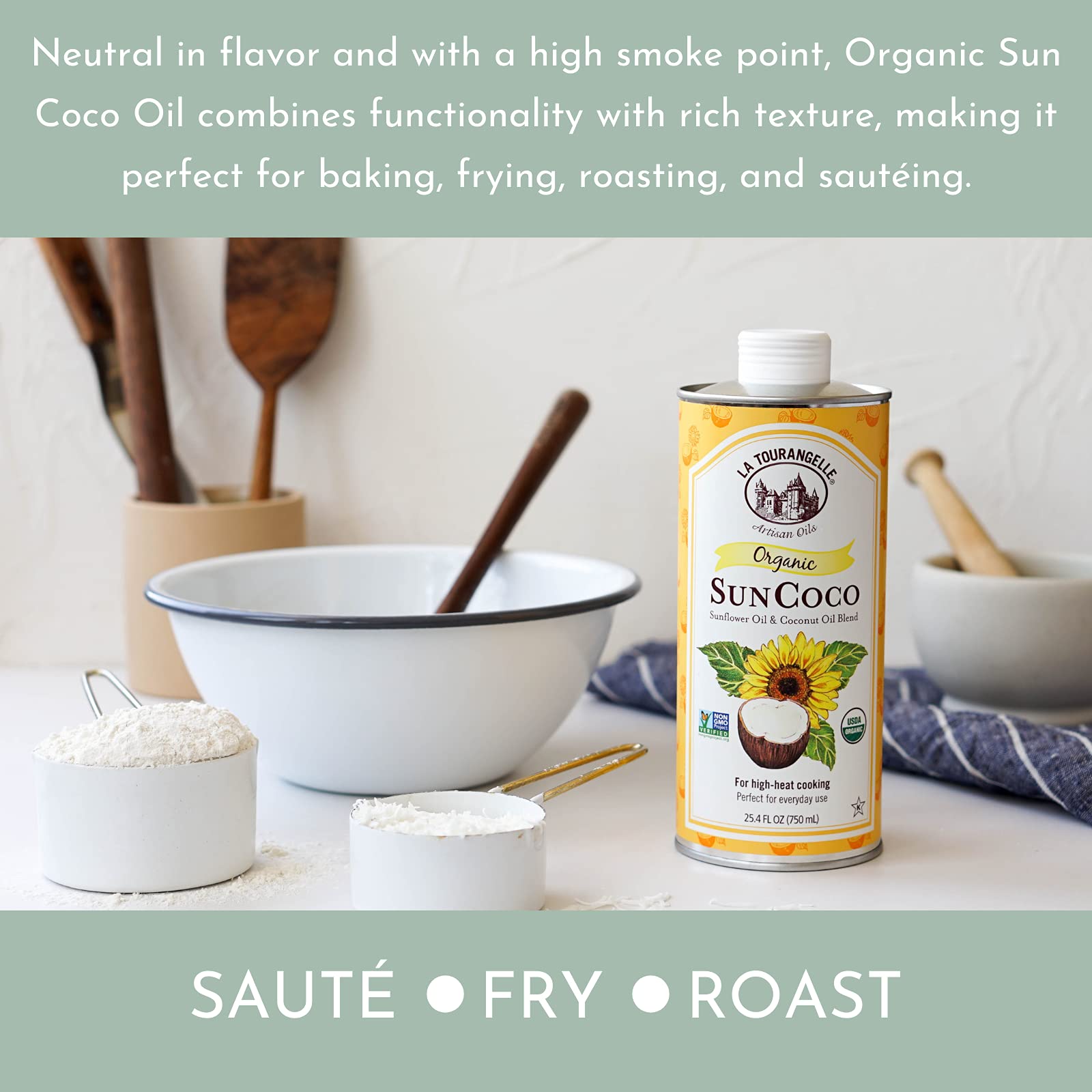 Pouring Sun Coco Oil into a pan for sautéing.