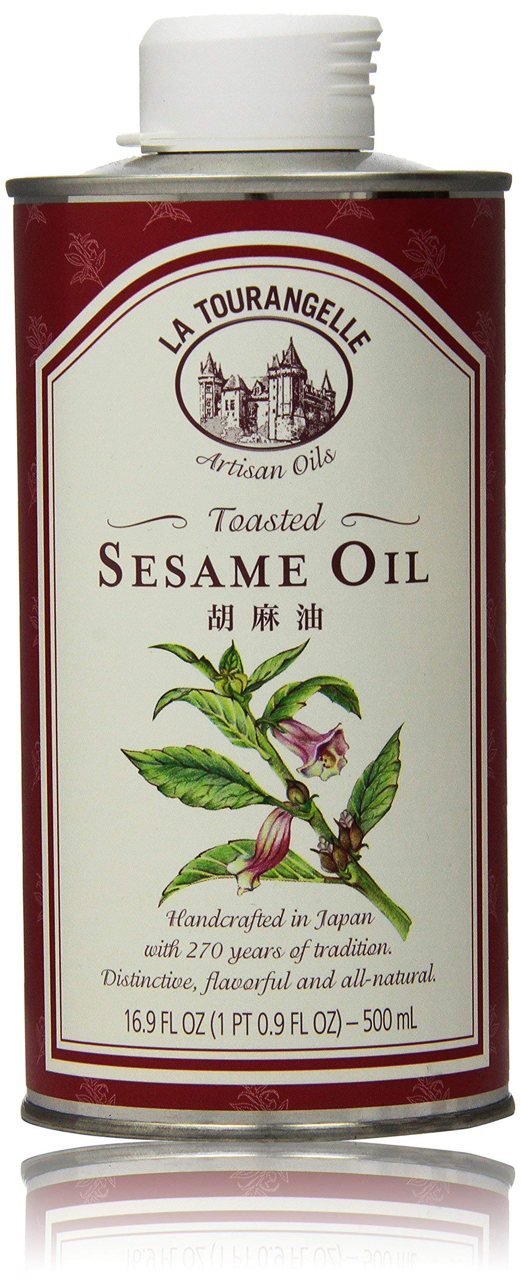 La Tourangelle toasted sesame oil bottle pour showcasing nutty aroma for stir-fries.