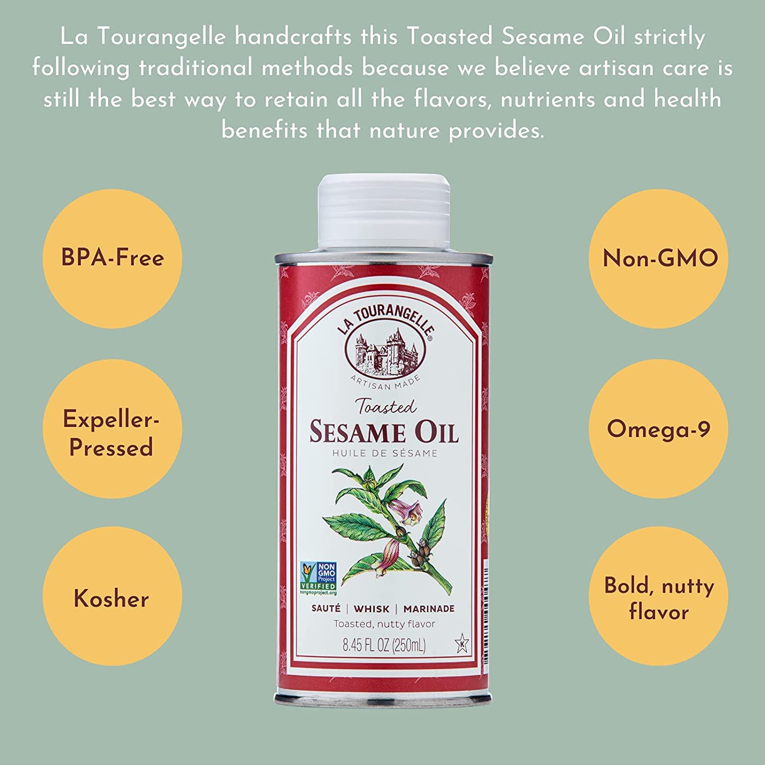 La Tourangelle toasted sesame oil used in dressings and marinades for depth.