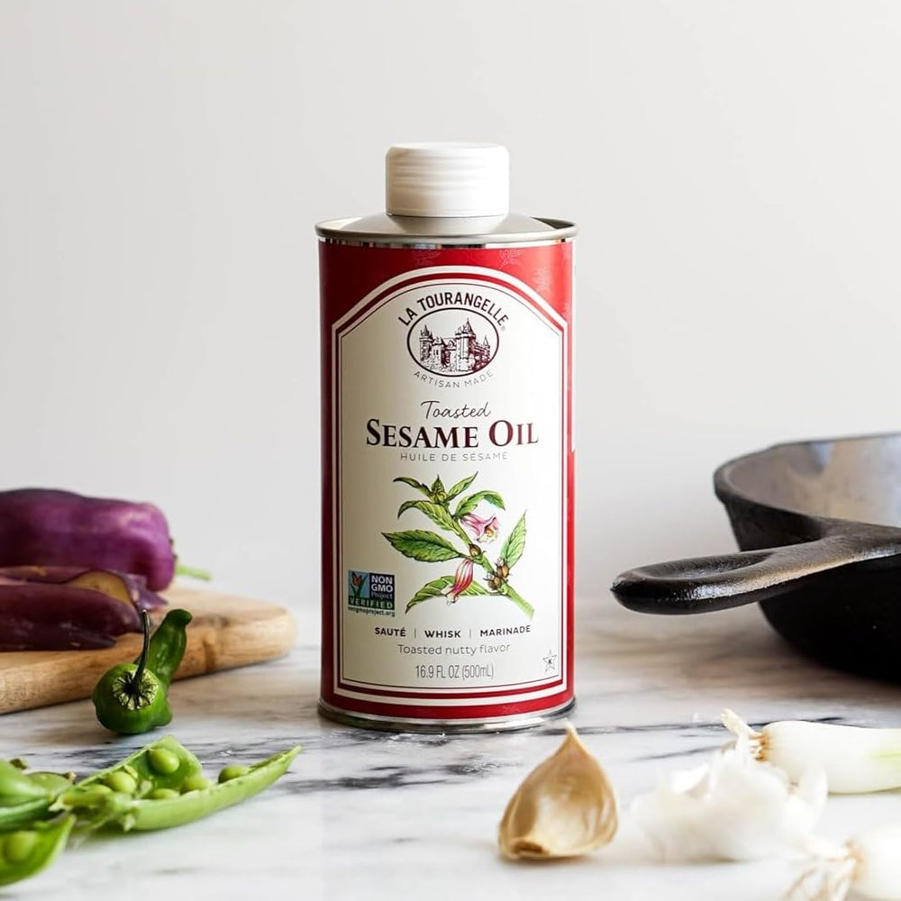 La Tourangelle Toasted Sesame Oil on kitchen counter, convenient for everyday cooking moments.