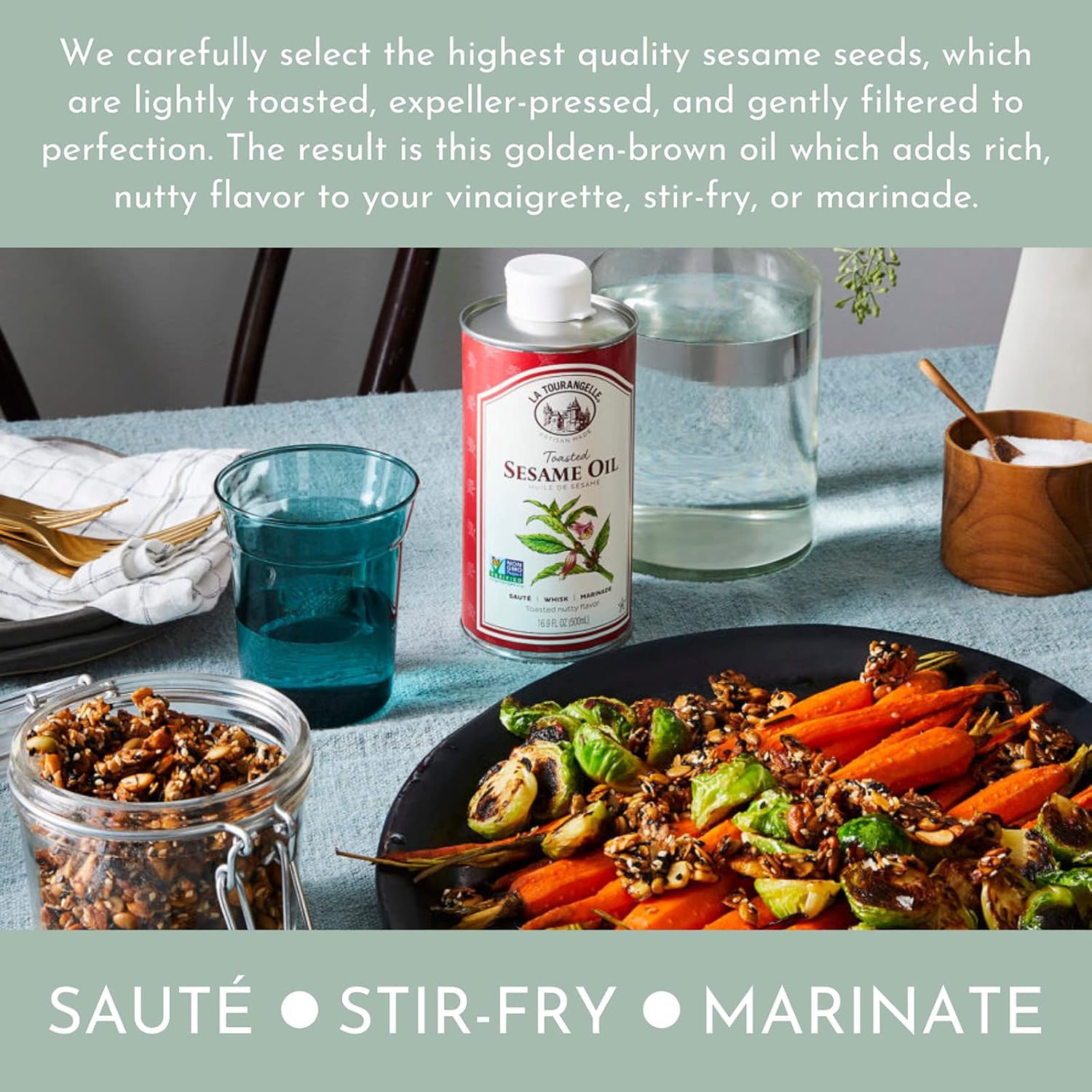La Tourangelle Toasted Sesame Oil bottle for vinaigrettes, easy to craft flavorful dressings.
