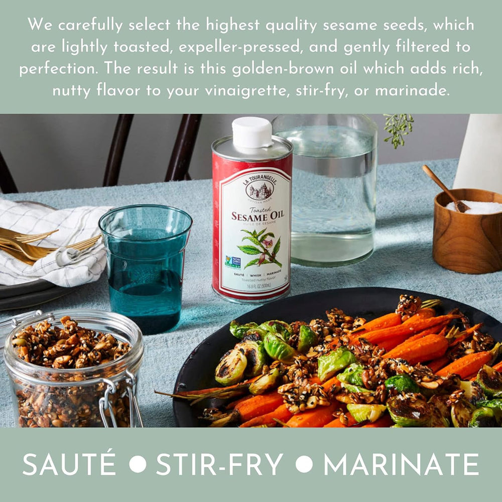 La Tourangelle Toasted Sesame Oil bottle for vinaigrettes, easy to craft flavorful dressings.