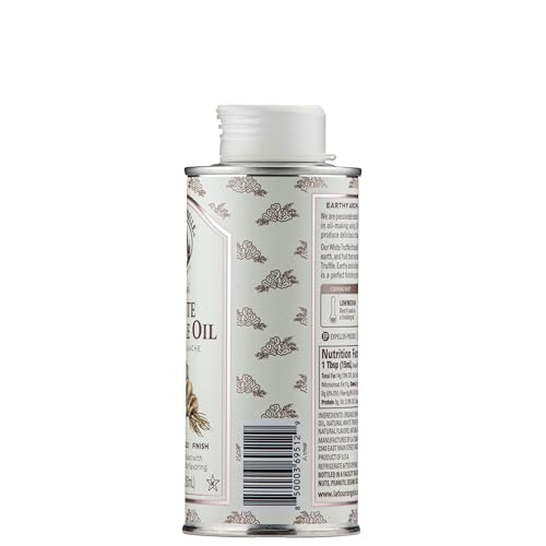 Close-up of La Tourangelle White Truffle Oil label highlighting premium ingredients.