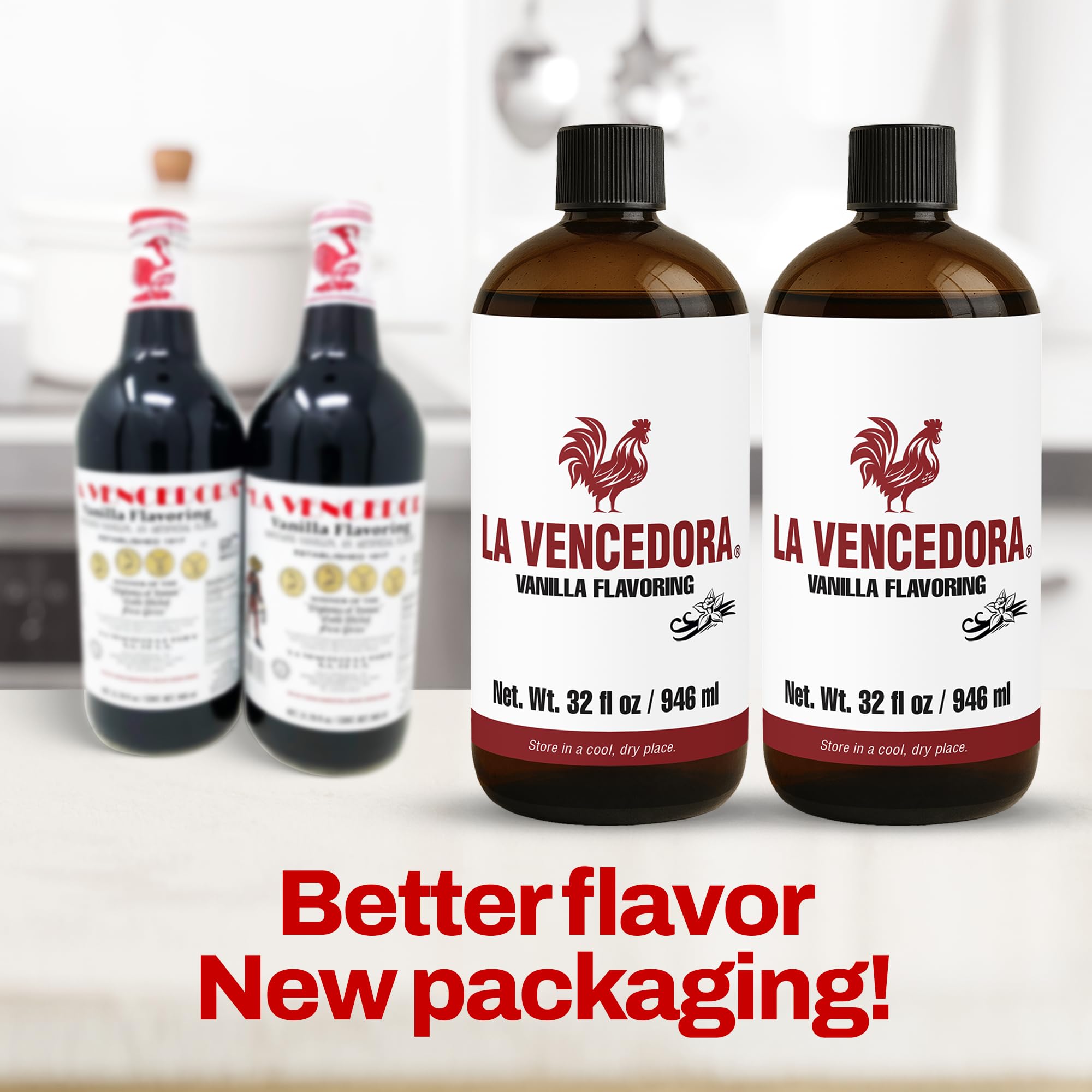 Pour-ready La Vencedora bottle highlights quick flavoring for cakes and desserts.