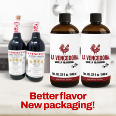 Pour-ready La Vencedora bottle highlights quick flavoring for cakes and desserts.