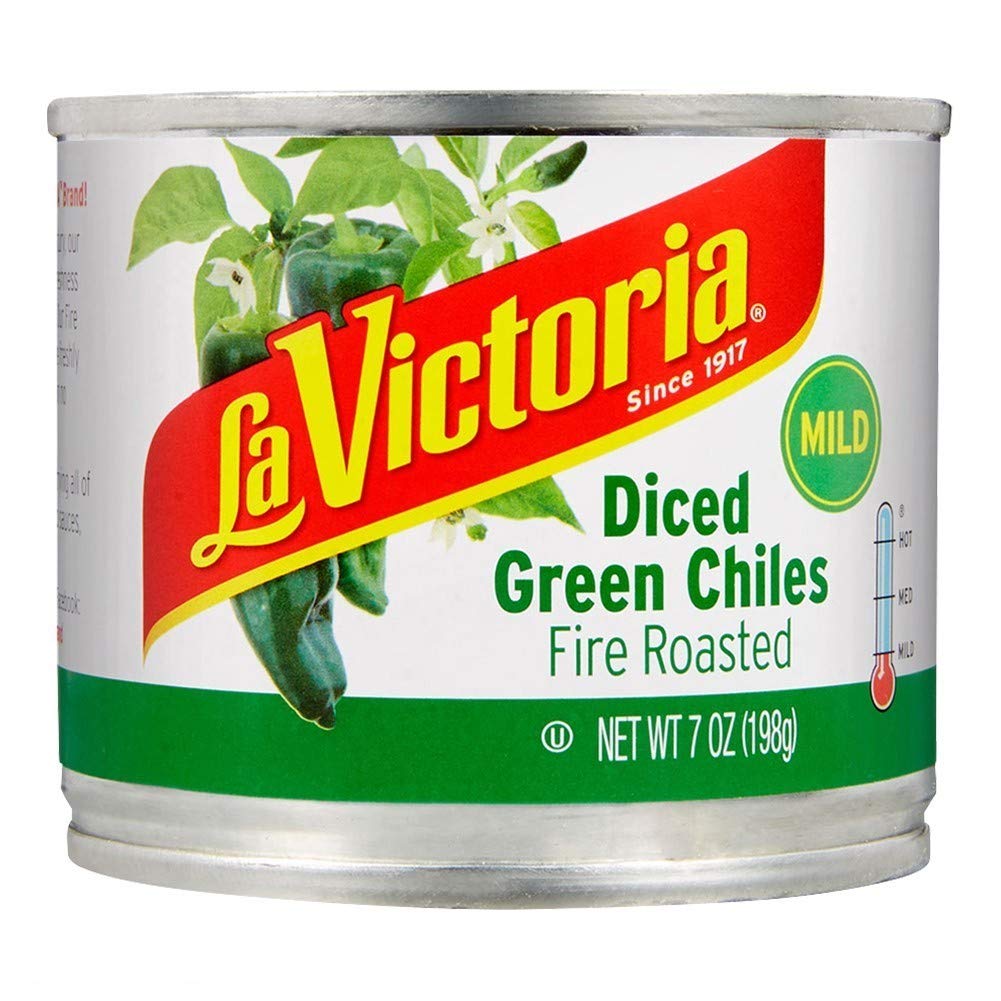 LA VICTORIA Fire Roasted Diced Green Chiles Mild bottle on kitchen counter for easy meals