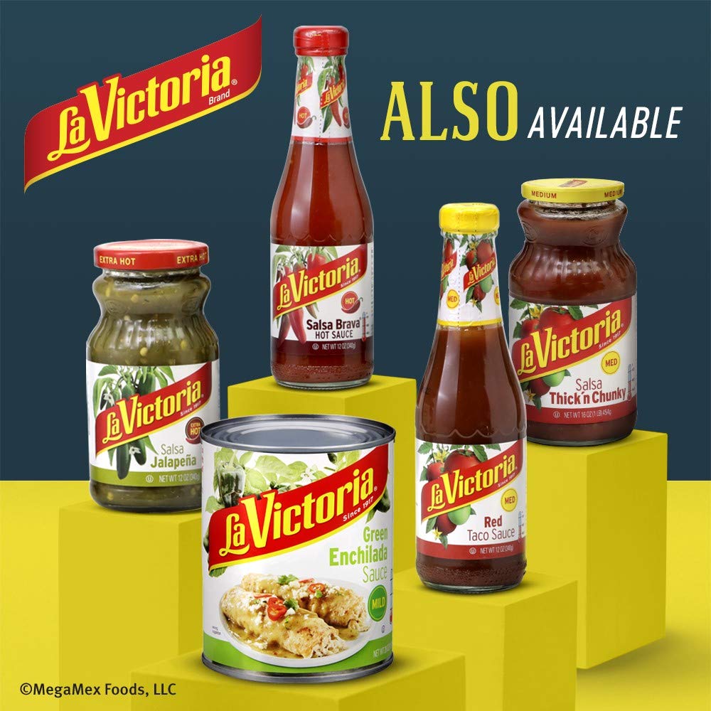 LA VICTORIA Fire Roasted Diced Green Chiles Mild on dining table with tacos