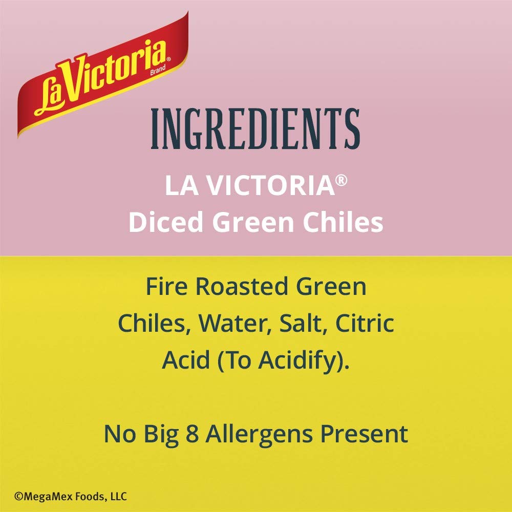 LA VICTORIA Fire Roasted Diced Green Chiles Mild on a served dish sparks smoky flavor