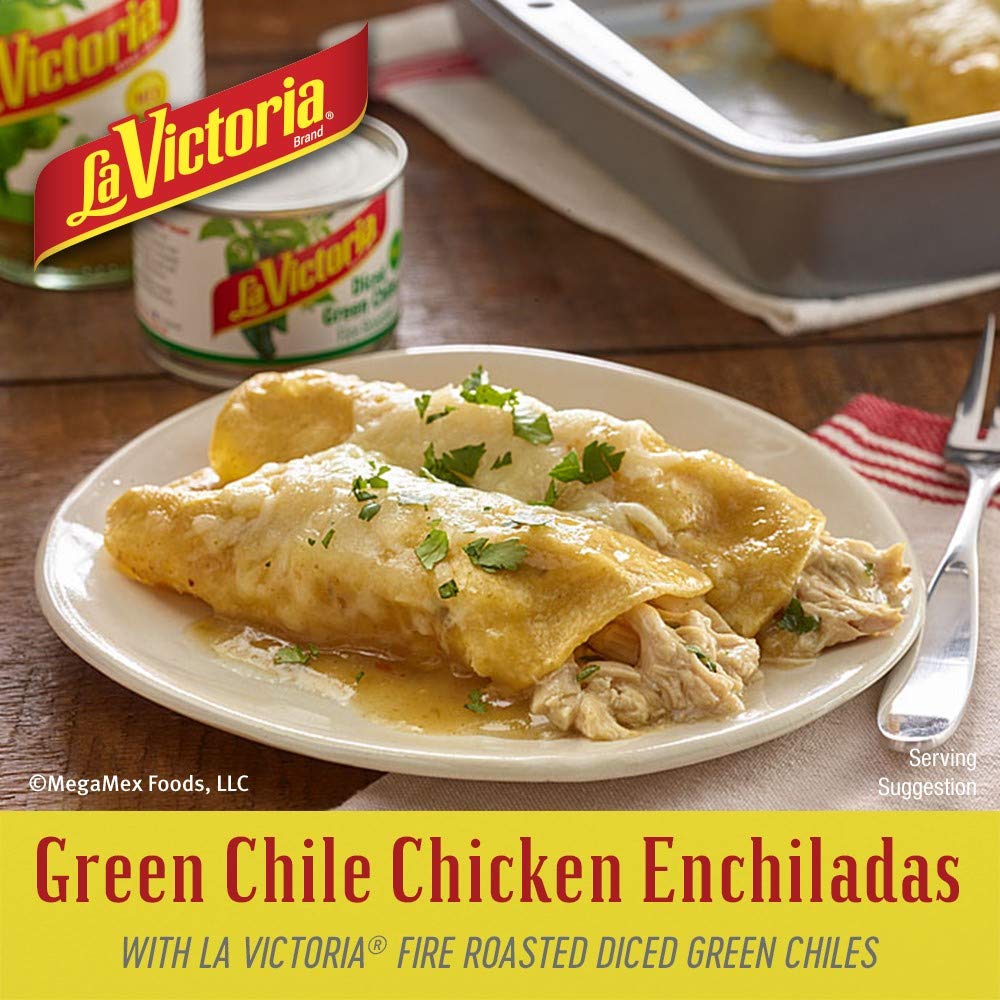 LA VICTORIA Fire Roasted Diced Green Chiles Mild ingredients panel highlights quality
