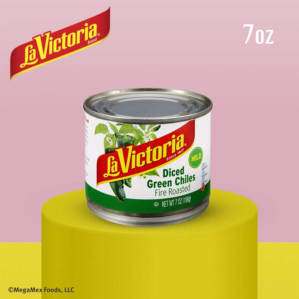 LA VICTORIA Fire Roasted Diced Green Chiles Mild on kitchen counter ready to flavor