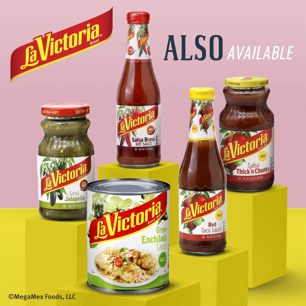 La Victoria red enchilada sauce traditional on the kitchen counter ready for prep.