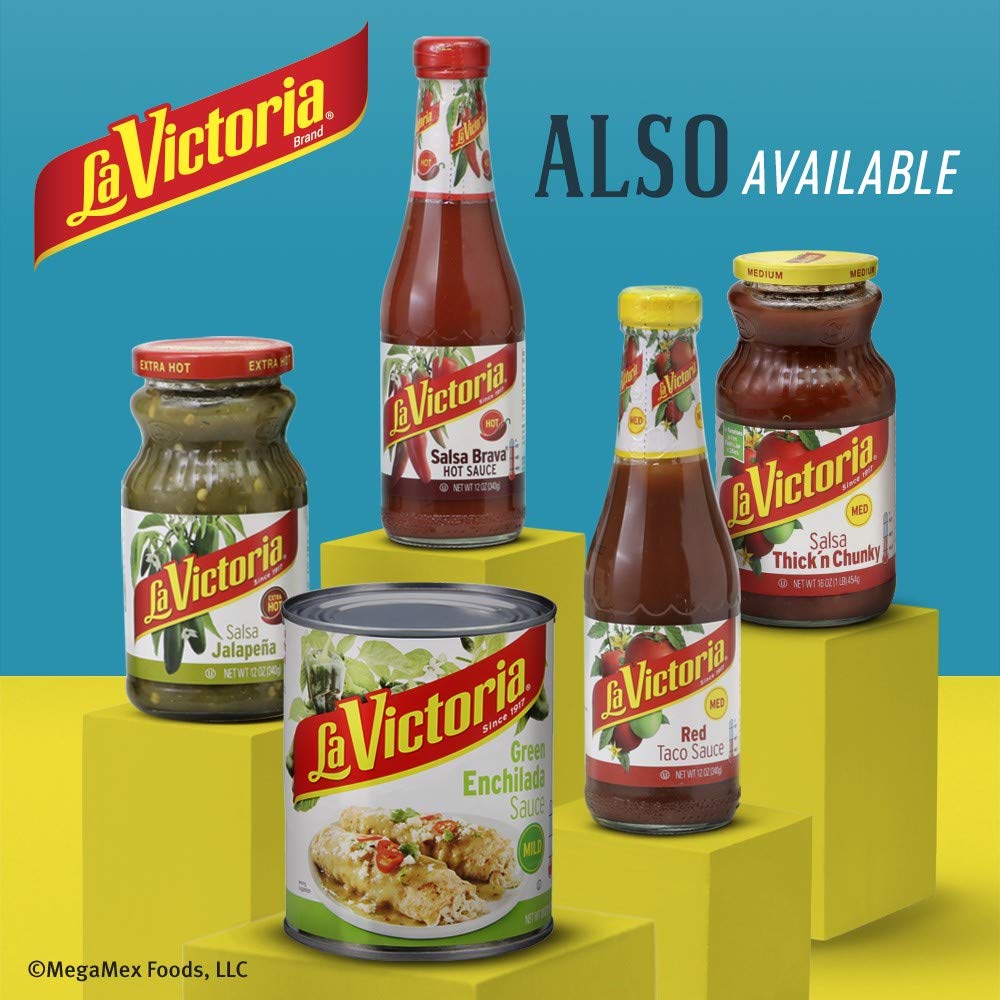 La Victoria Red Taco Sauce Mild on a kitchen counter with ingredients.