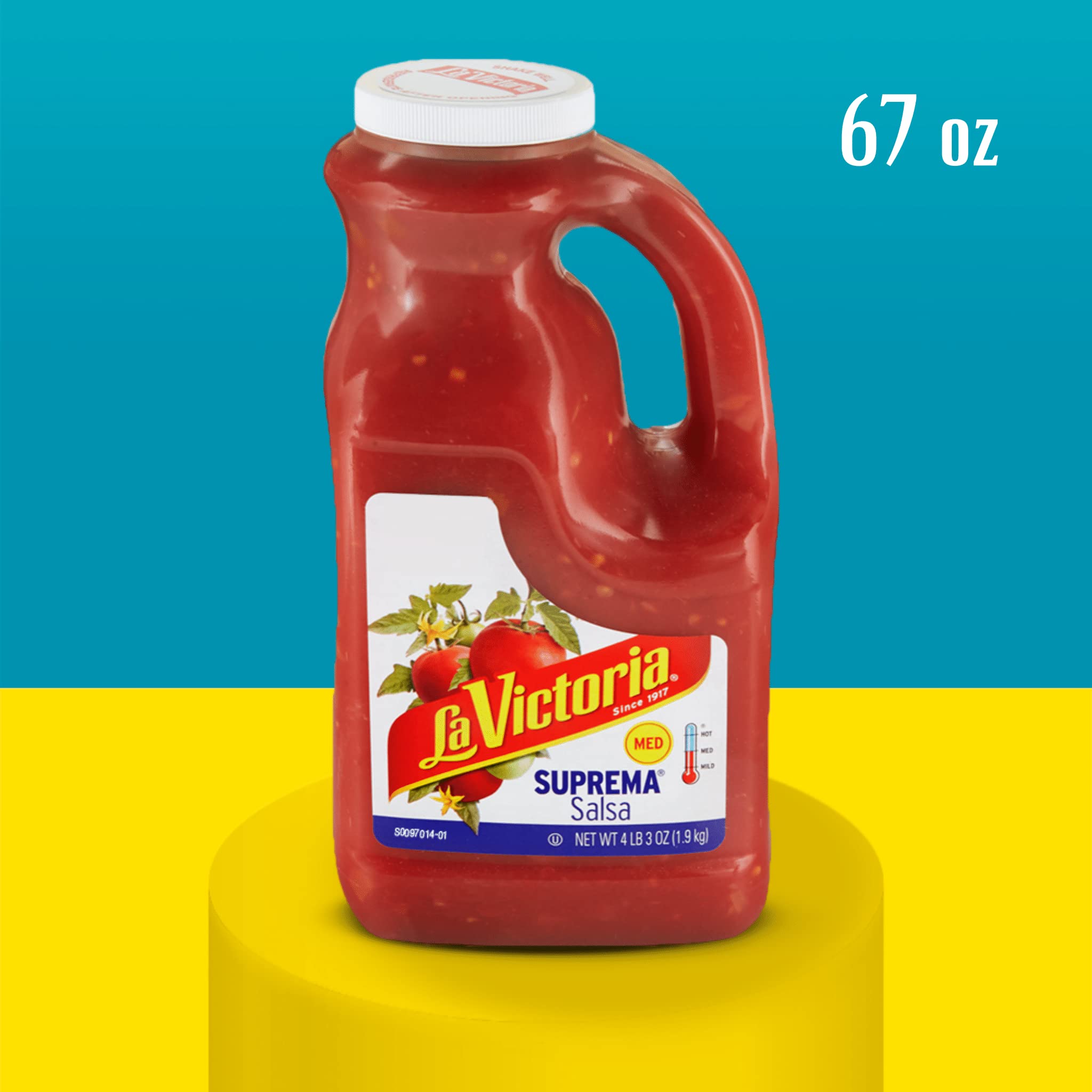 La Victoria Suprema Medium Salsa on kitchen counter highlighting gluten-free ingredients