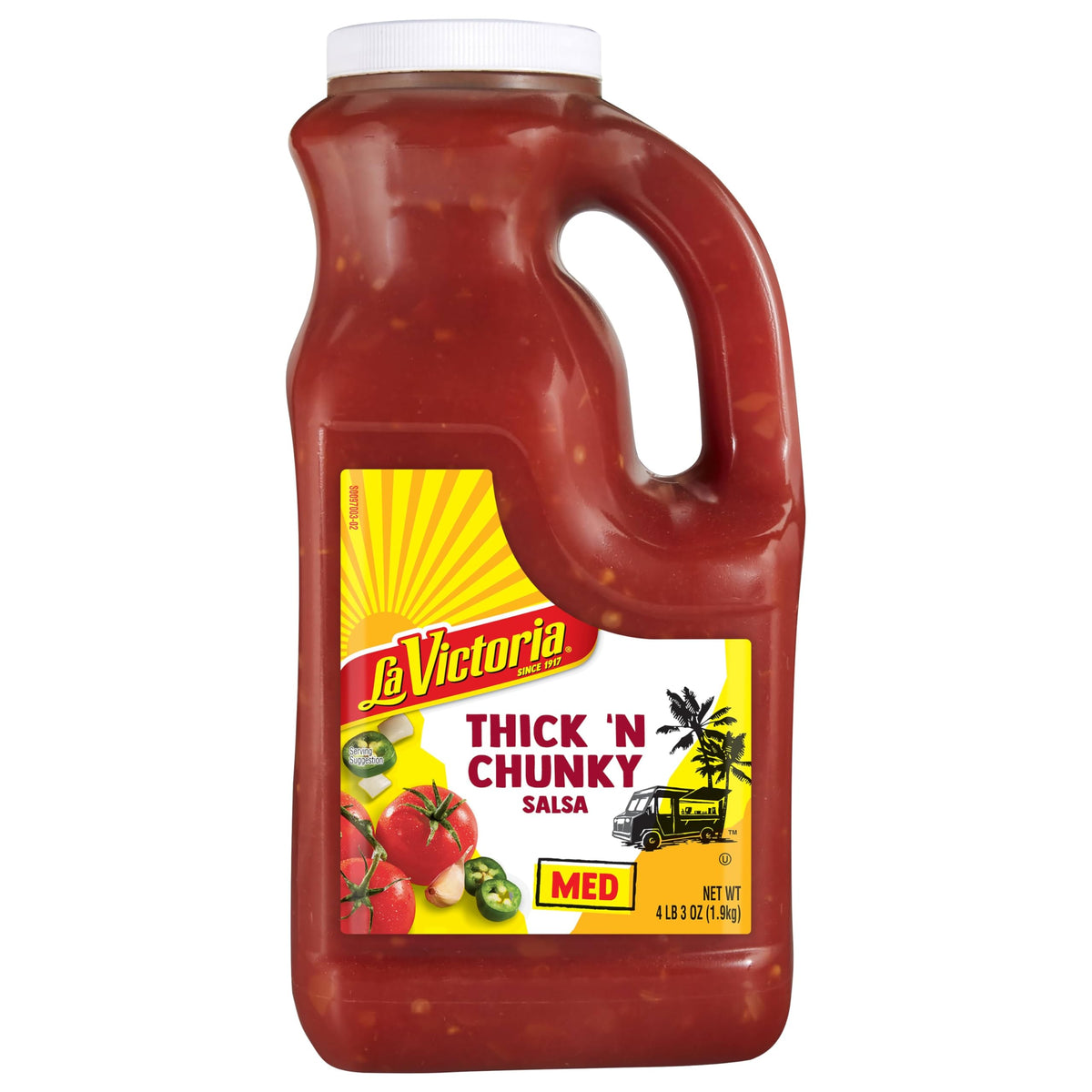 La Victoria Thick 'N Chunky Salsa Medium jar closeup shows peppers for balanced heat.