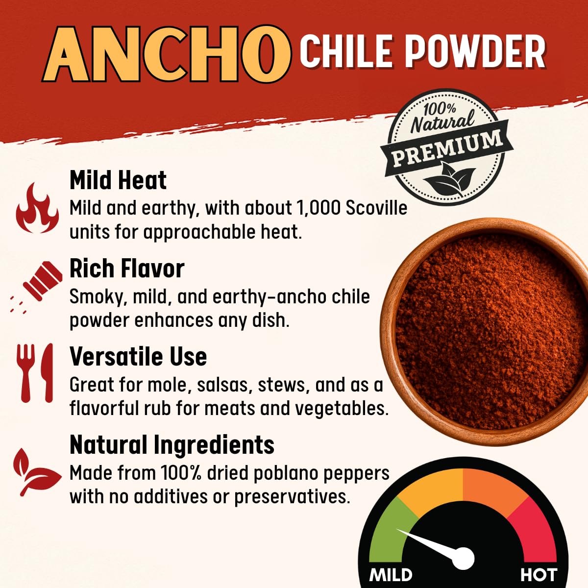 LA VOIE FOODS Ancho Powder deep red color – adds visual richness to stews.
