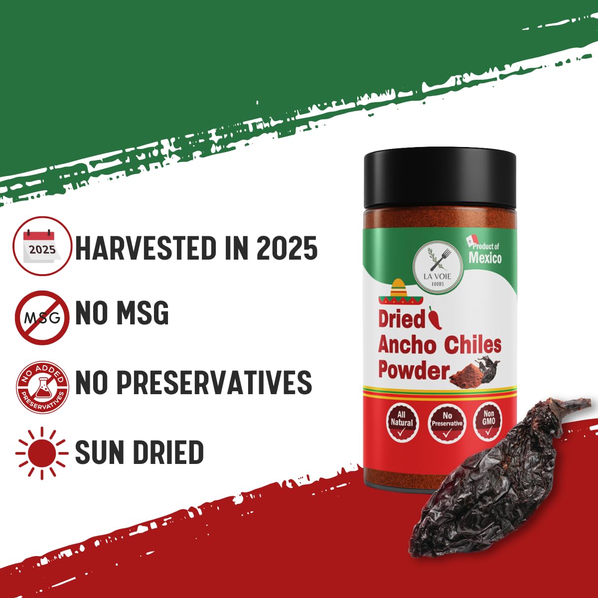 LA VOIE FOODS Ancho Powder with dried fruit notes – elevates sauces and chiles.